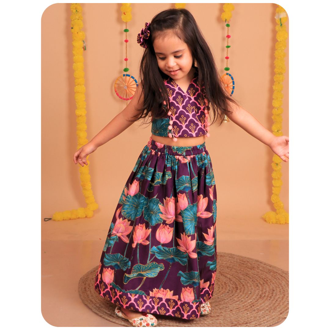 Kids’ Hand-Painted Lotus Lehenga Set