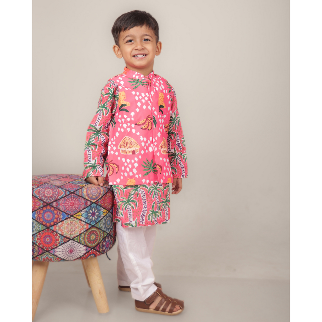 Nehru Jacket & Kurta Set - Coral Tropical Print