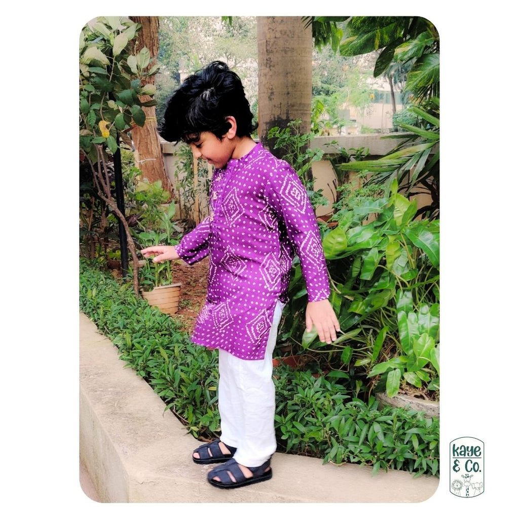 Purple Bandhani Print Boys Kurta Set