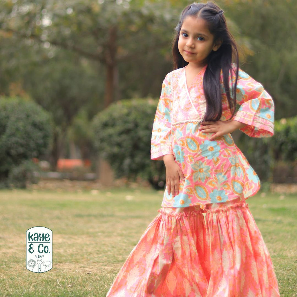 Peach Floral Peplum Sharara Set