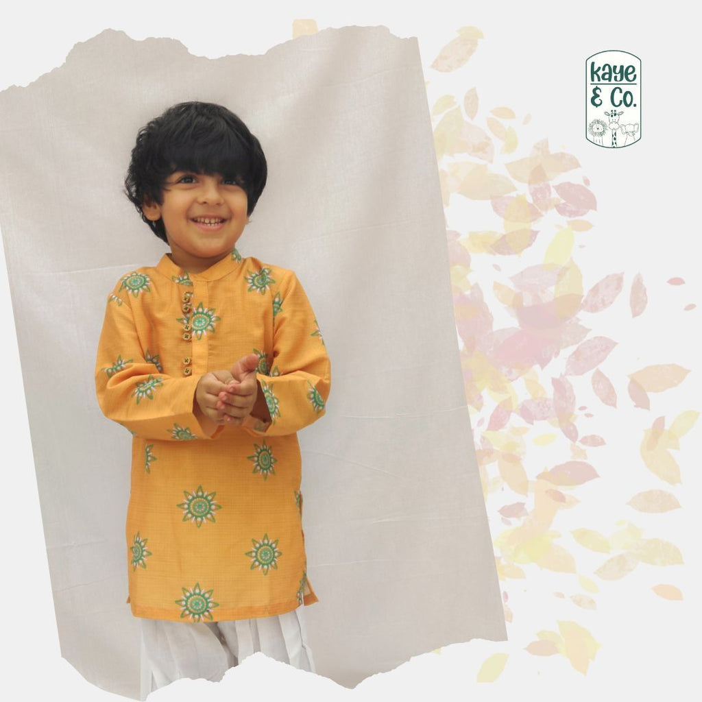 Mustard Motif Print Boys Kurta Set