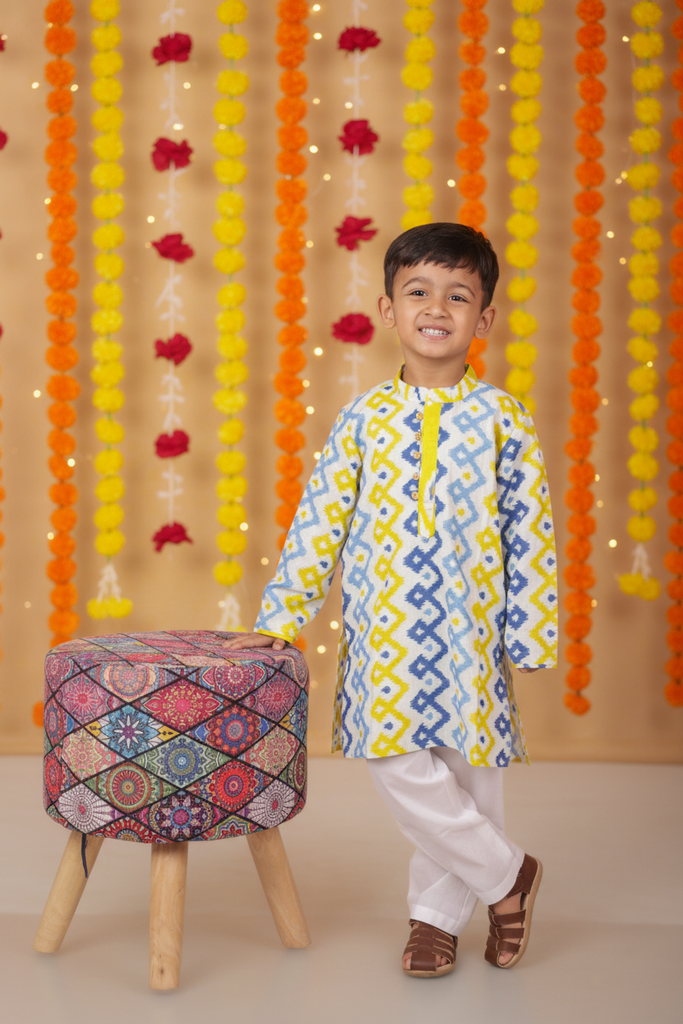 Yellow & Blue Boys Ikat Print Kurta Set
