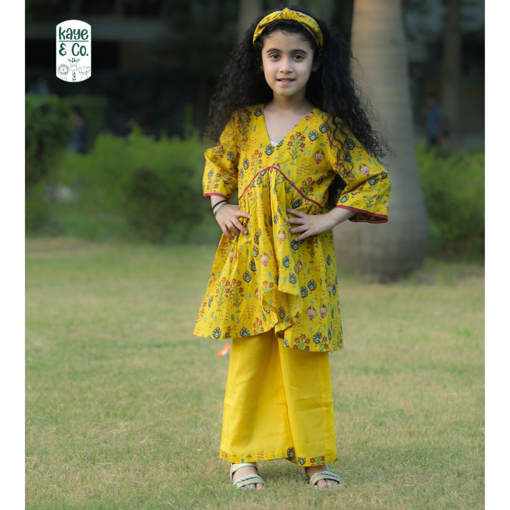 Yellow motif print Tunic Kurti Set