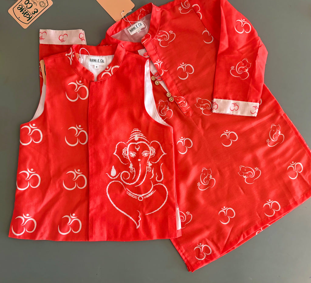 Om Ganesha Nehru Jacket Set (Tango Red)