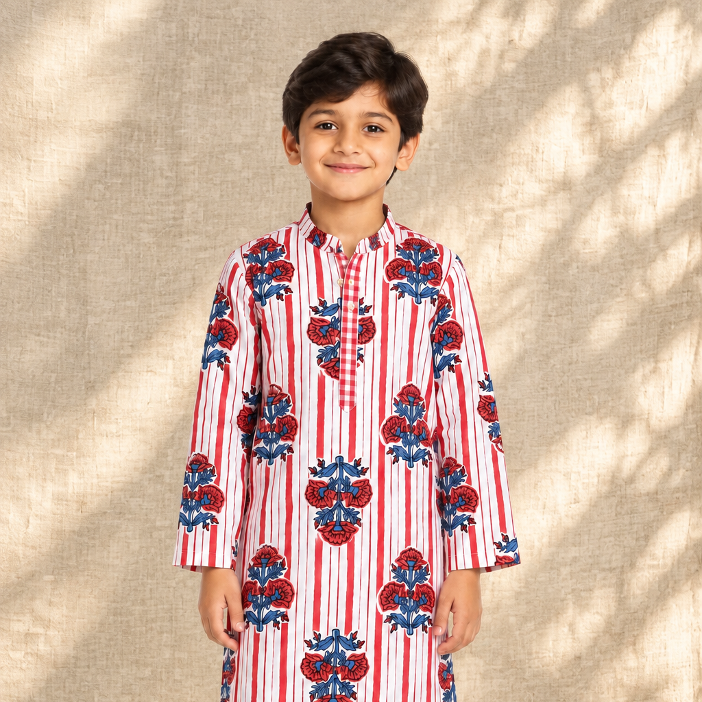 Stripe Floral Red & Blue Kurta Set