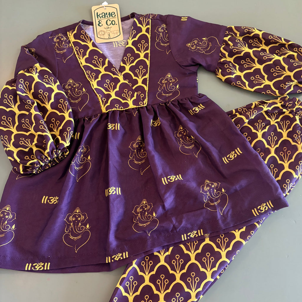 Purple Om Ganesha Print Peplum Tulip Set