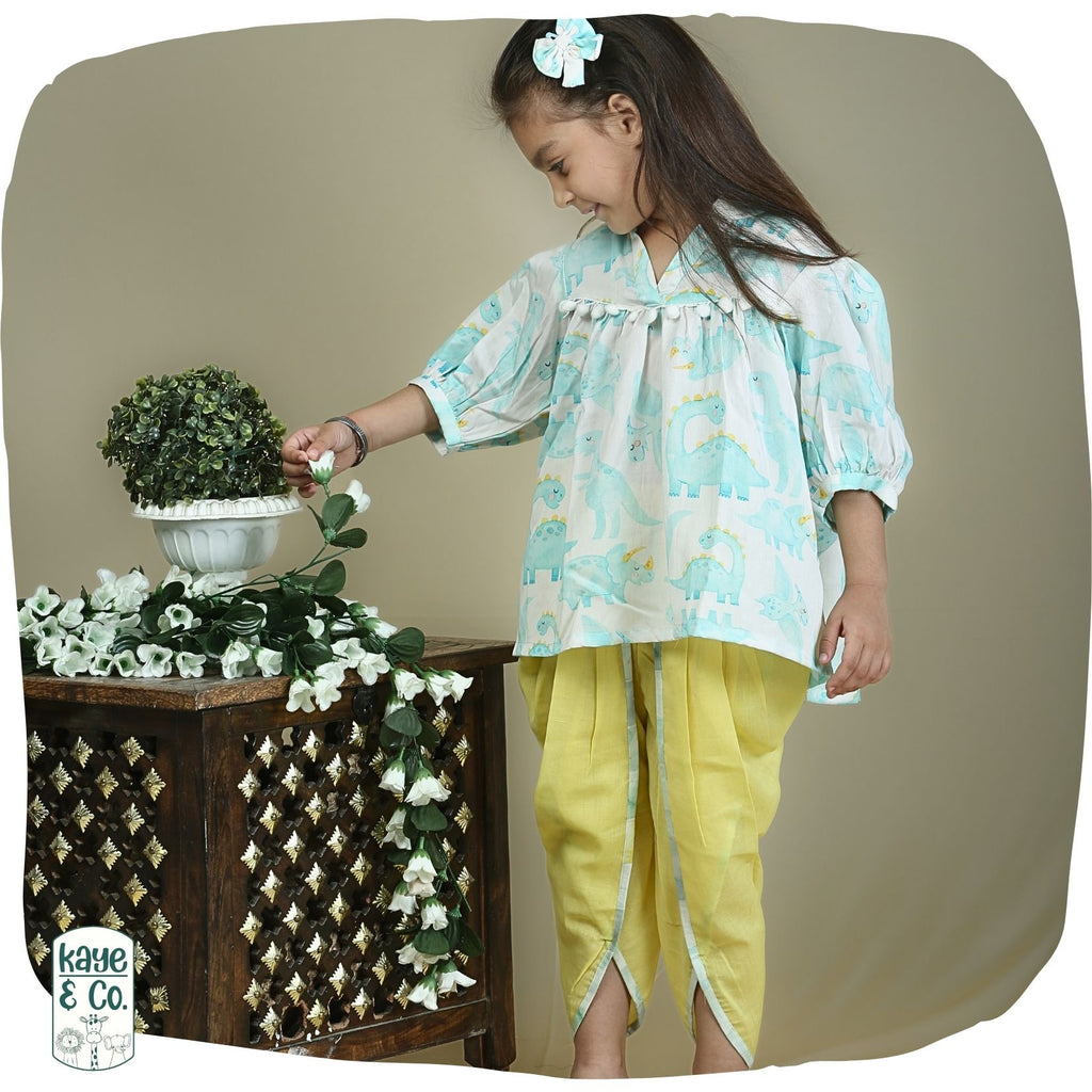 Blue Dino Print Girls tunic & Tulip Set