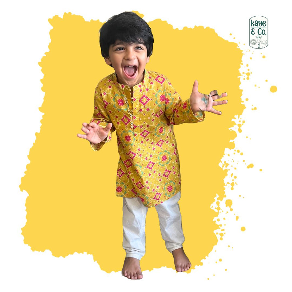 Mustard Patola Print Boys Kurta Set