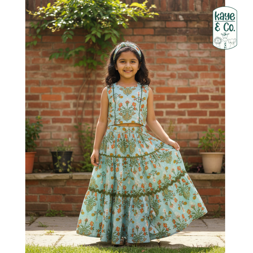 Sage floral Print & Lurex Gold Lehenga Set