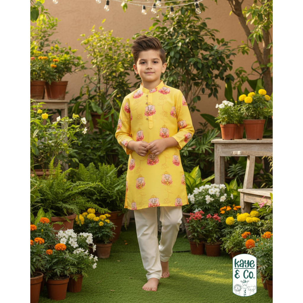 Yellow Lotus Ganesha print kurta Set