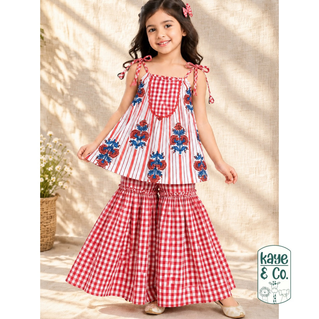 Stripe Floral Red & Blue Tie Up & Sharara Set