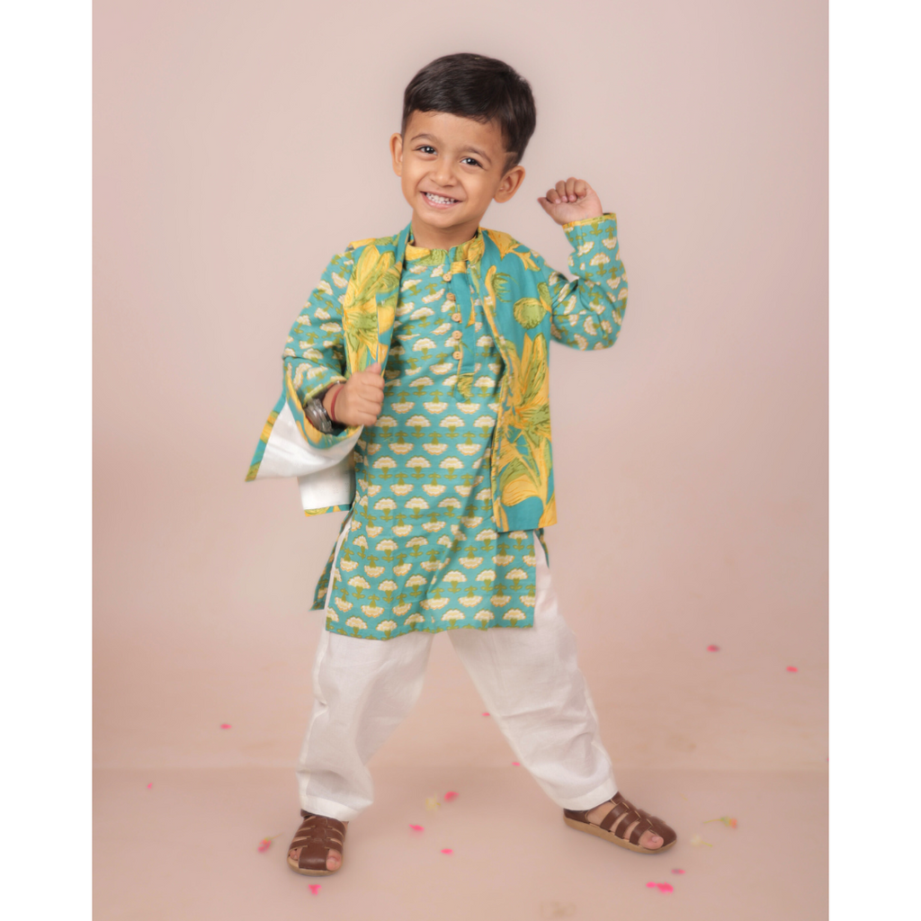Nehru Jacket & Kurta Set - Canary Yellow & teal