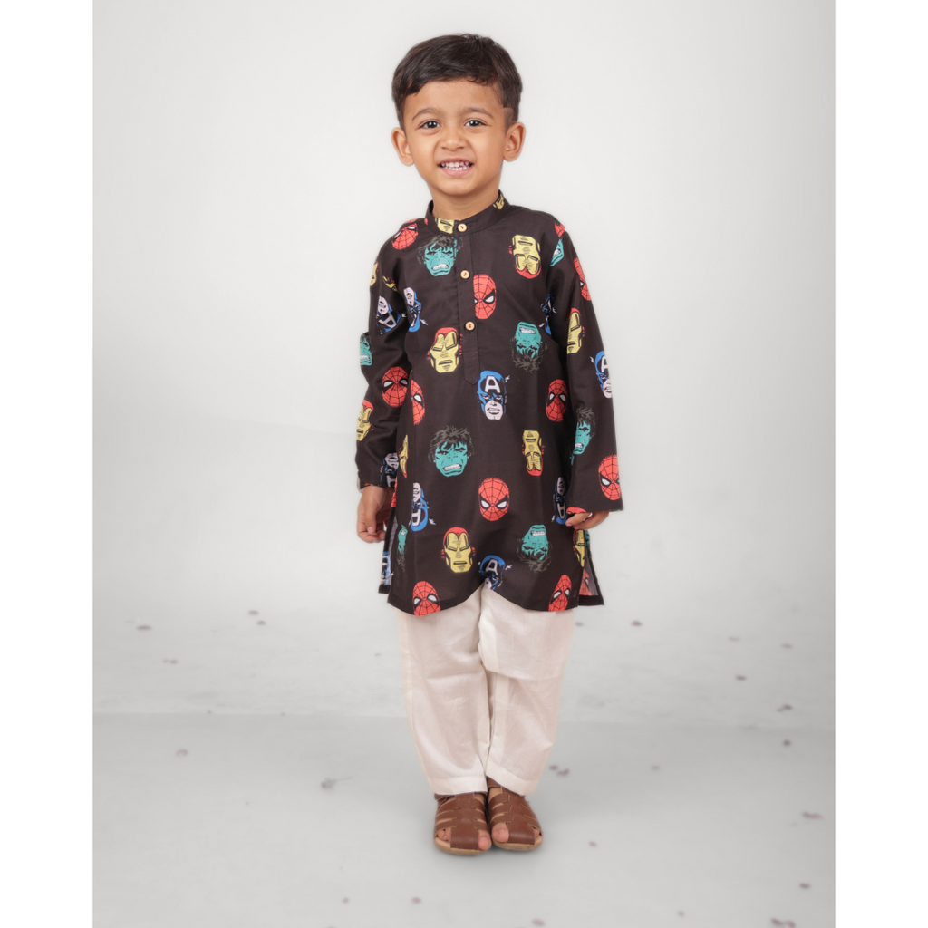 Superhero Boys Kurta Set - Black