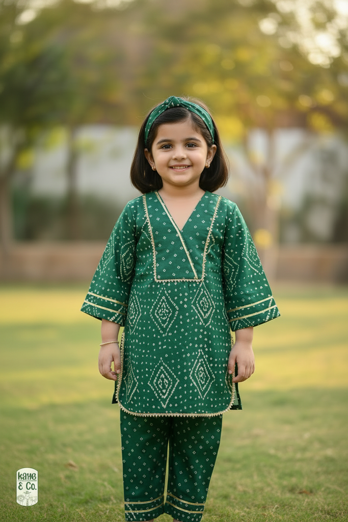 Green Bandhani Kurti Pant Set