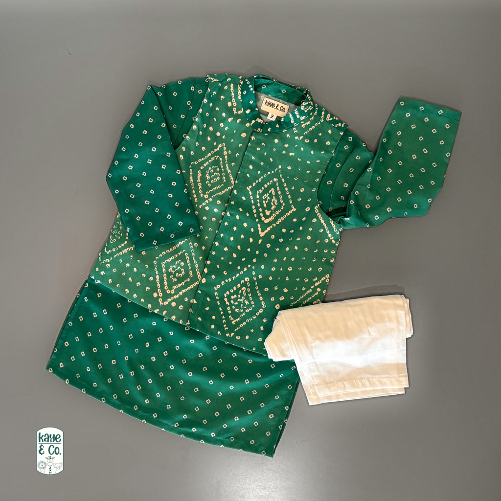 Green Bandhani Nehru Jacket & Kurta Set