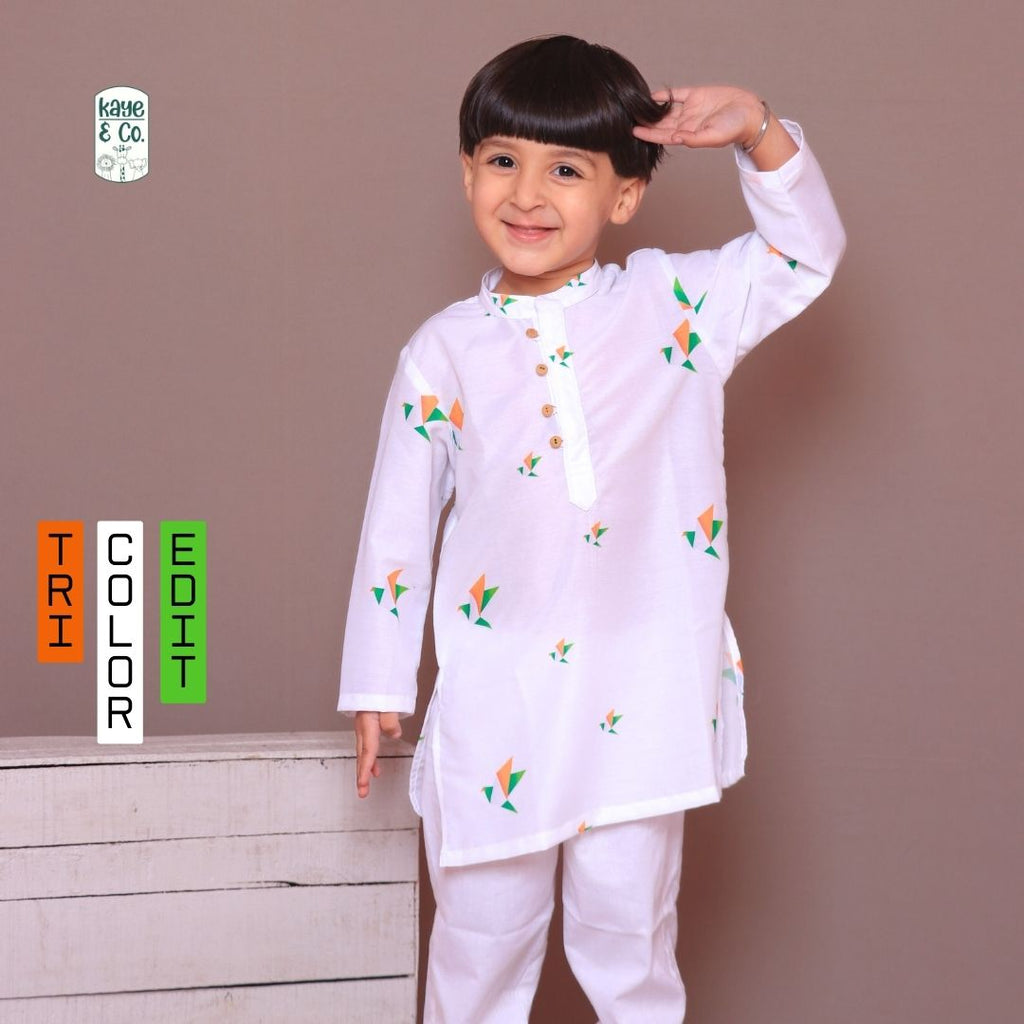 Tricolour Bird Print Kurta Set