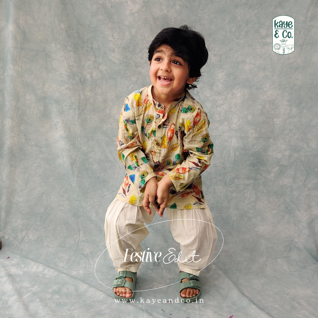 Feather Print Boys Kurta Set