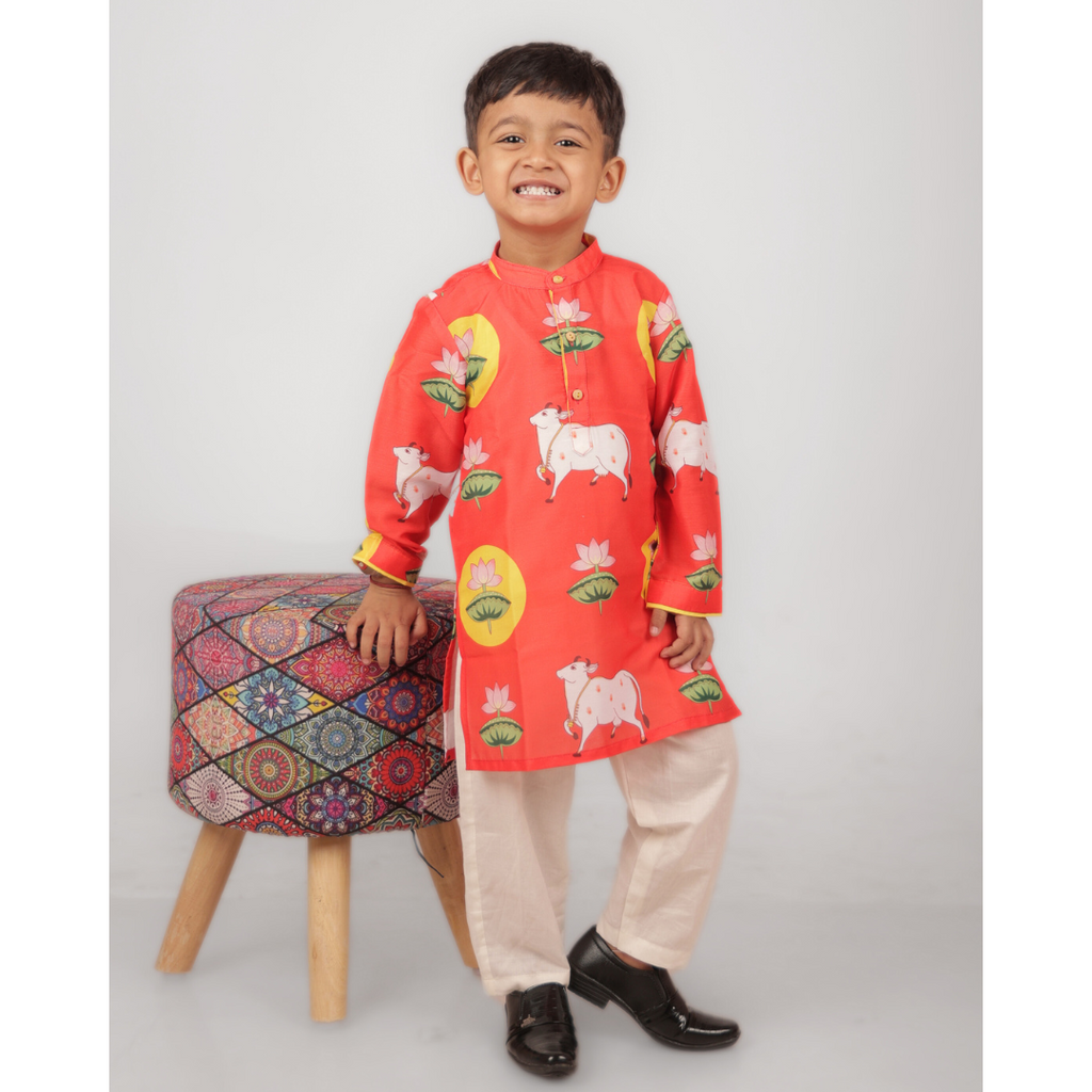 Pichwai Cow Red Boys Kurta Set