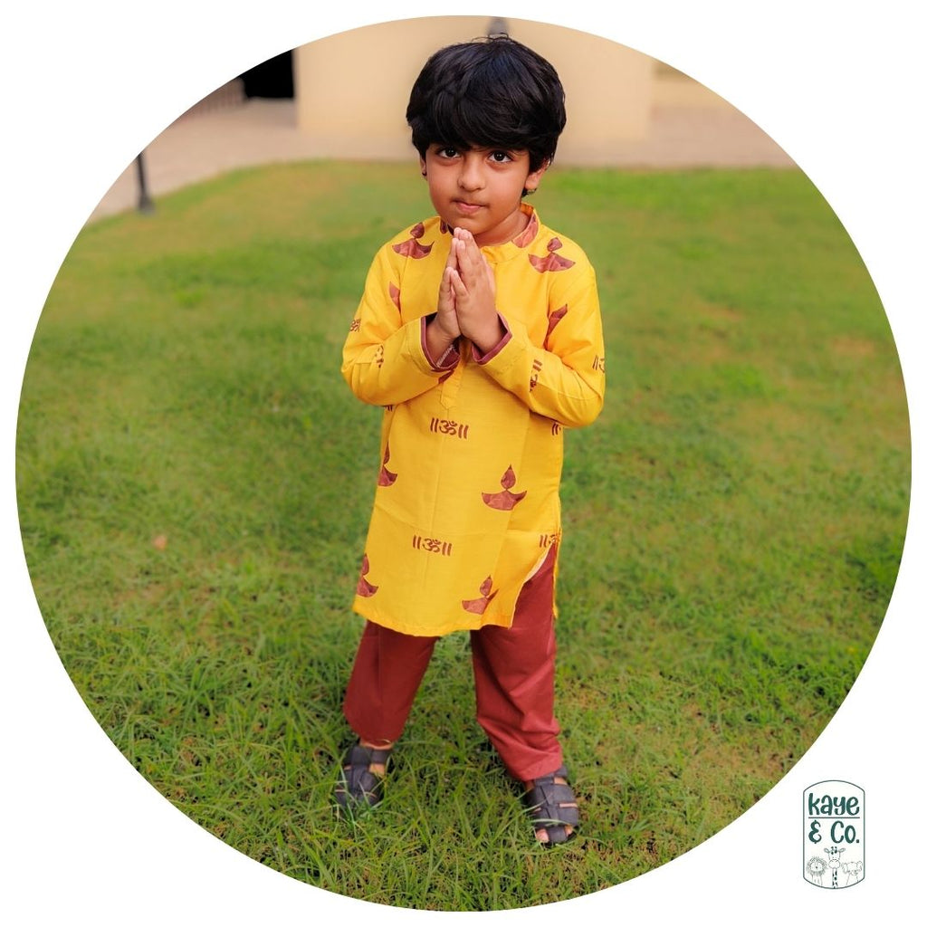 Mustard Diya Print Boys Kurta Set