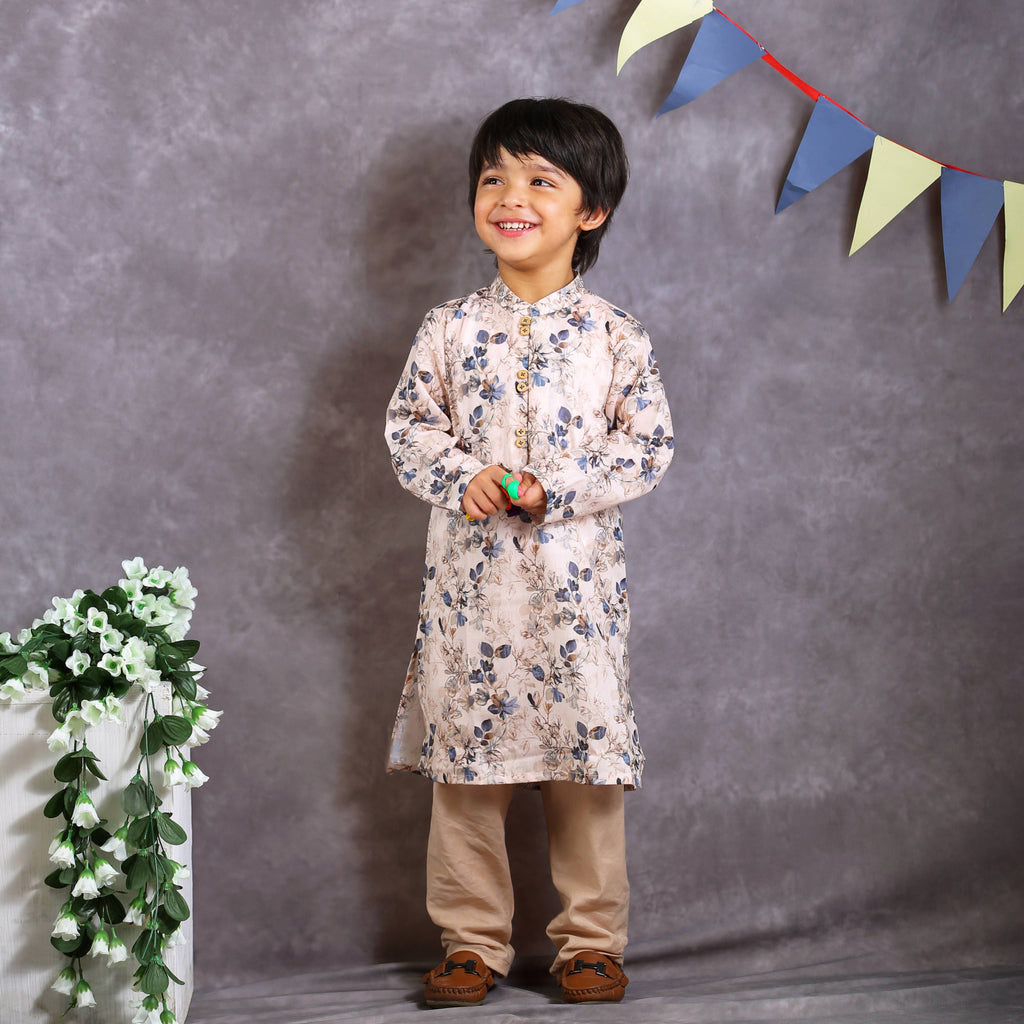 Blue & Grey Leaf Print Kurta Set