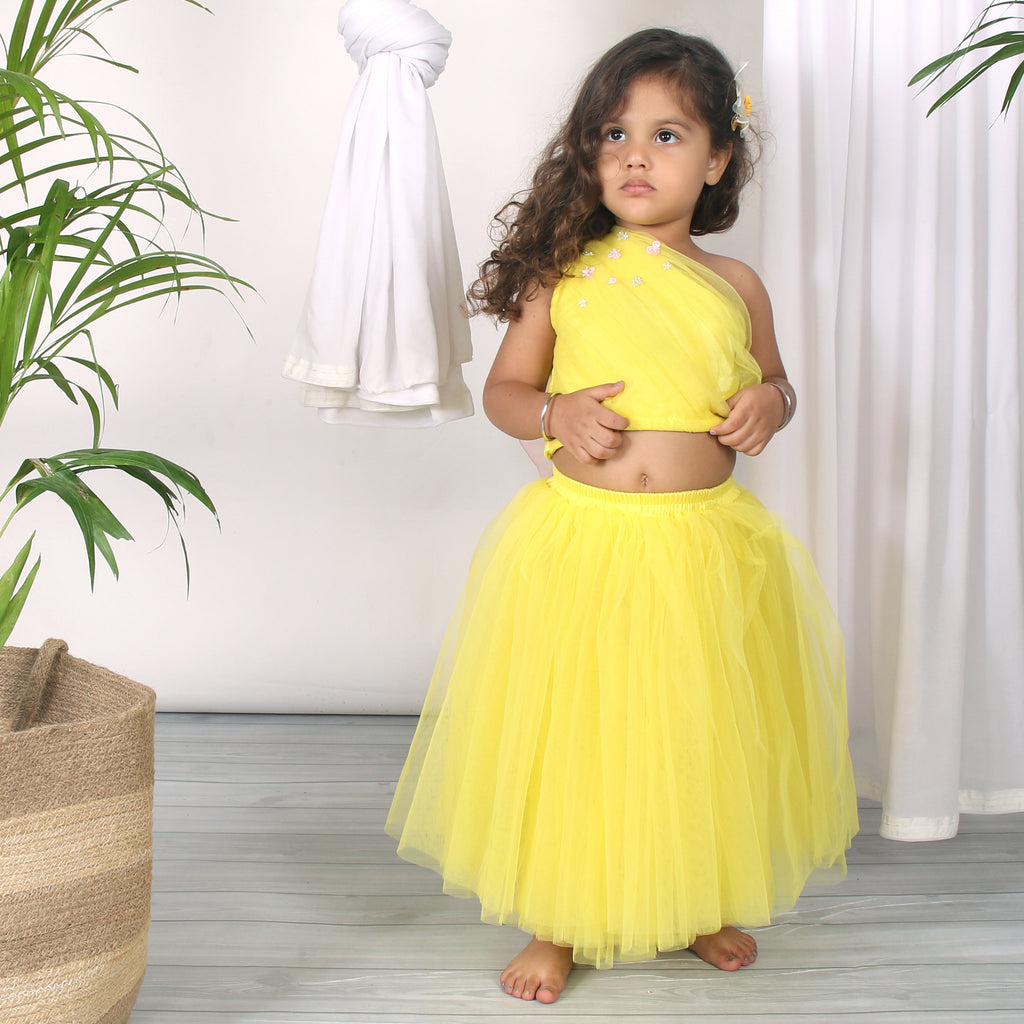 Yellow Mellow Tulle Skirt and off shoulder blouse