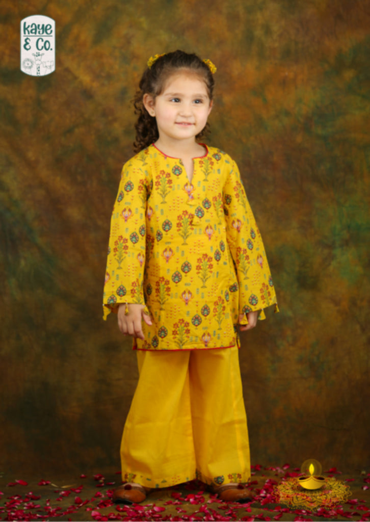 YELLOW FESTIVE MOTIF KURTI PANT SET